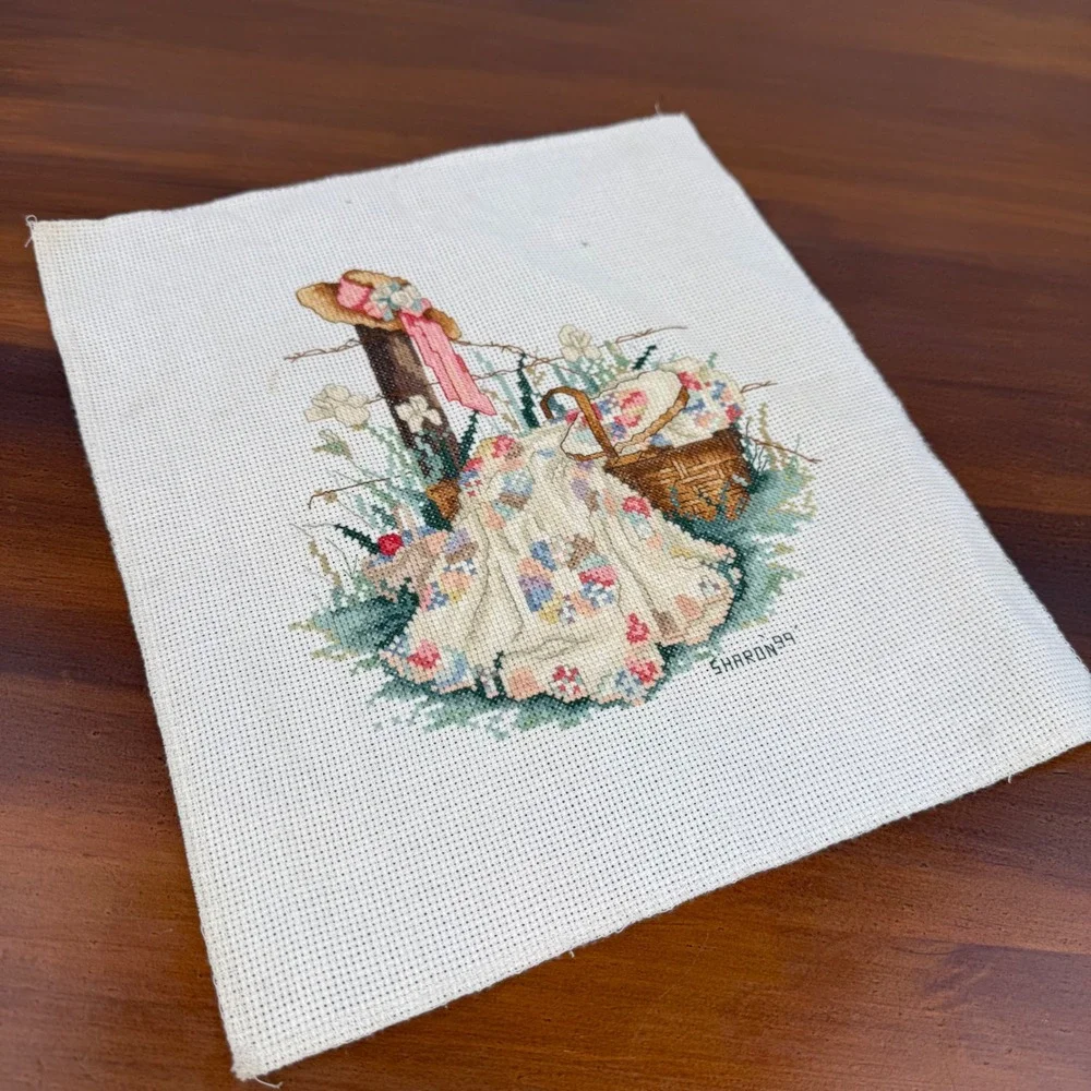 Vintage Sharon 99 Hand Stitched Cross Stitch Cottagecore Quilt Picnic Scene Art